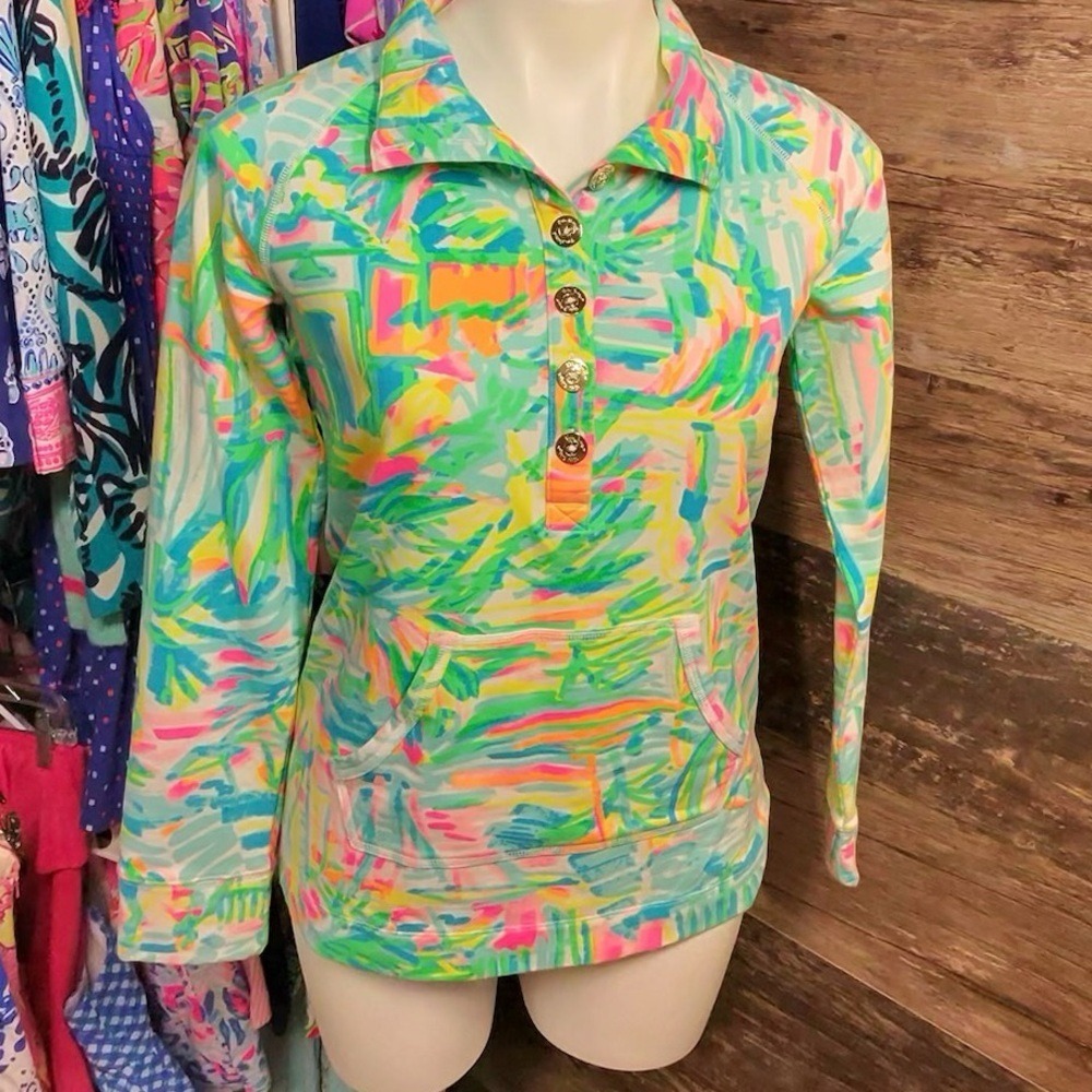 Lilly Pulitzer Green Pink Tropical Fitted Button Down Pullover Shirt